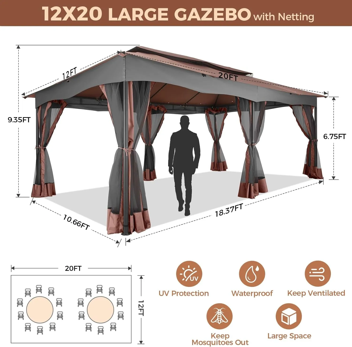 Gazebo 12X20 Heavy Duty Gazebo with Curtain and Netting Outdoor Gazebo Double Roof Patio Gazebo with Metal Steel Frame Gazebo Tent for Patio, Deck, Backyard (Brown, Flat Top, Nettings)