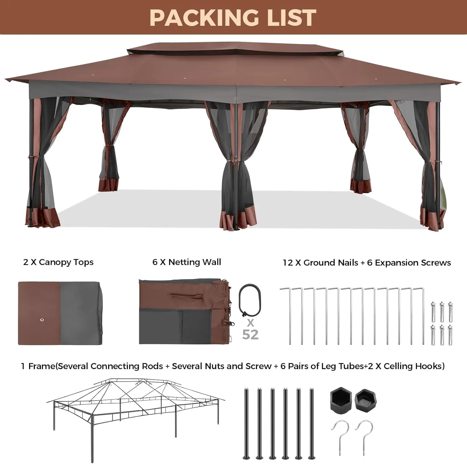 Gazebo 12X20 Heavy Duty Gazebo with Curtain and Netting Outdoor Gazebo Double Roof Patio Gazebo with Metal Steel Frame Gazebo Tent for Patio, Deck, Backyard (Brown, Flat Top, Nettings)