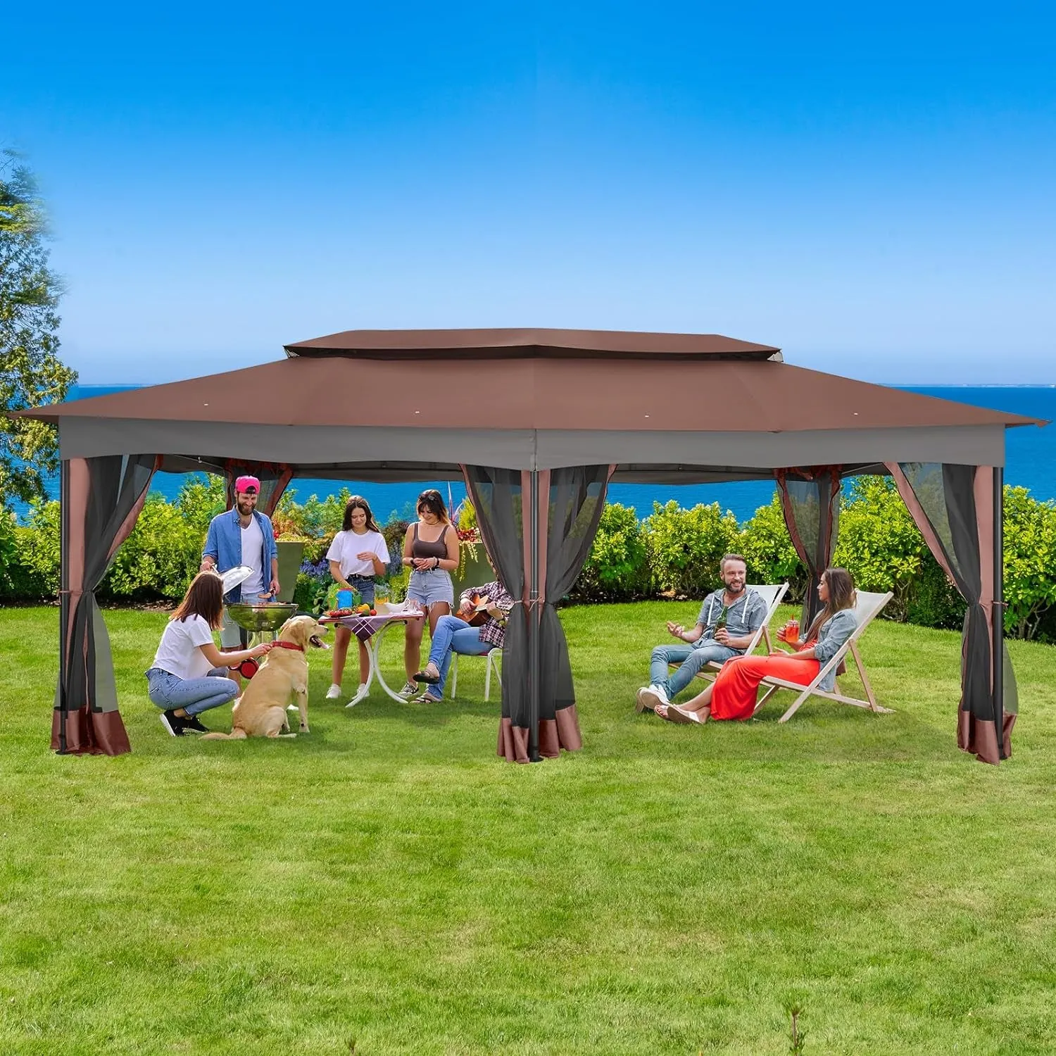 Gazebo 12X20 Heavy Duty Gazebo with Curtain and Netting Outdoor Gazebo Double Roof Patio Gazebo with Metal Steel Frame Gazebo Tent for Patio, Deck, Backyard (Brown, Flat Top, Nettings)