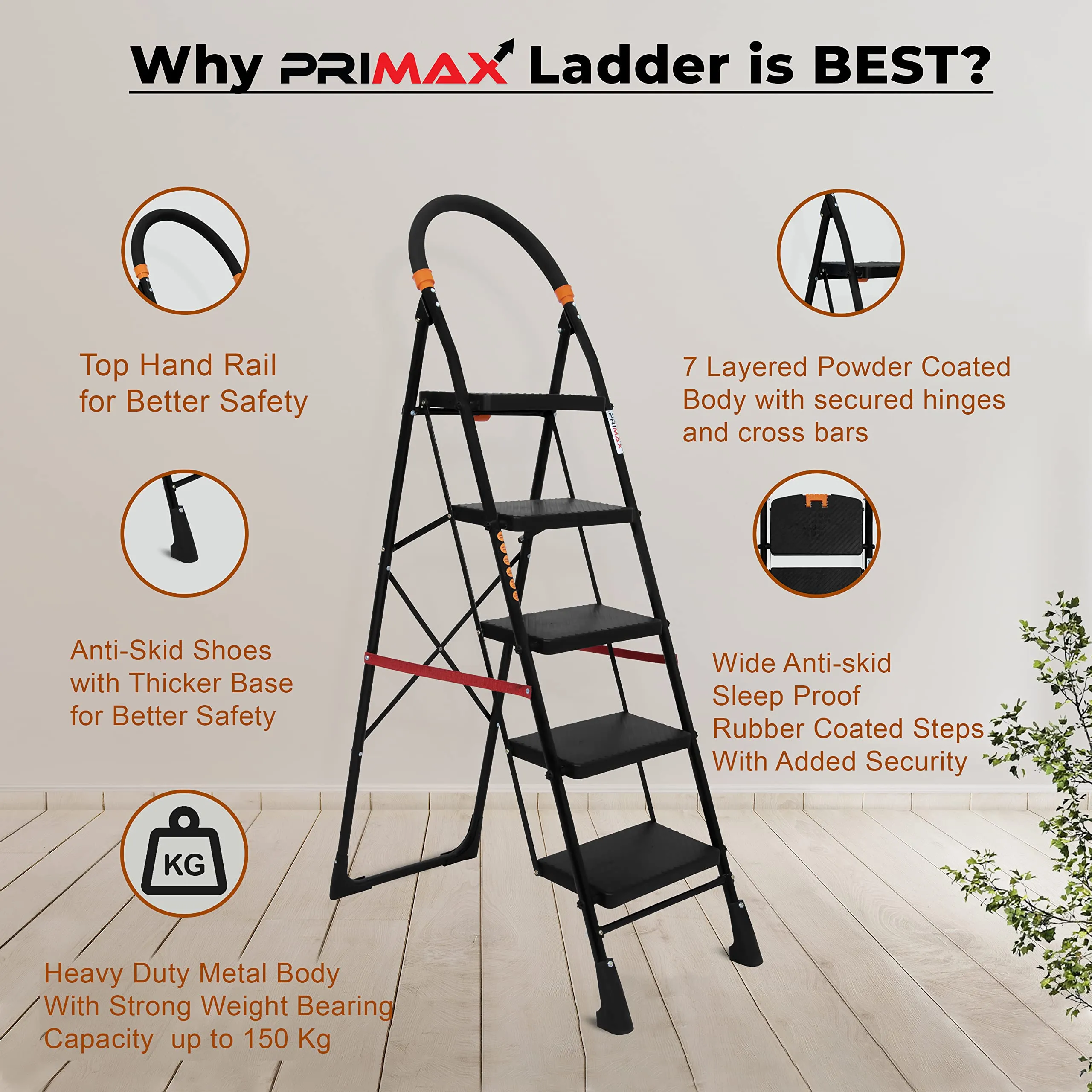 Primax 5-Step Foldable Ladder with Safety-Clutch Lock and Ribbed Steps/Step Ladder/GI Steel Ladder for Home(Primo-Black&Orange)